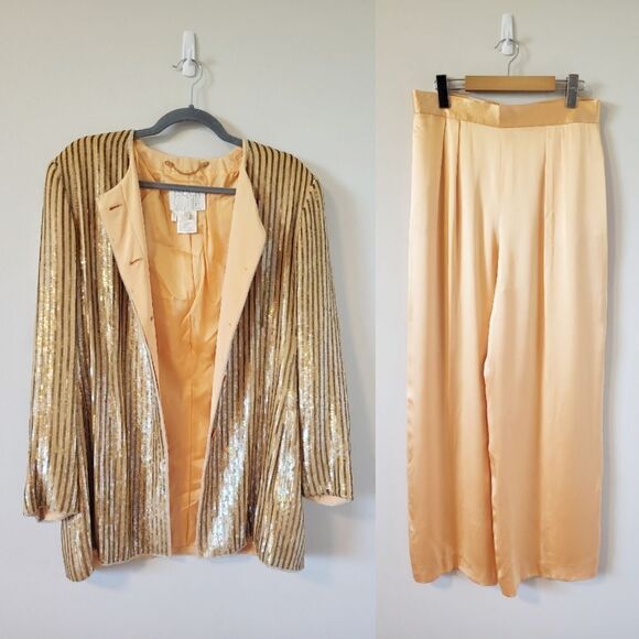 RARE Orange/Gold Vintage Escada Couture Sequin Silk Jacket and Pants - Picture 1 of 10